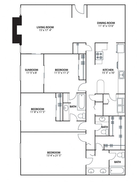 Floor plan for 3 beds, 2.5 baths, 1900 sqft
